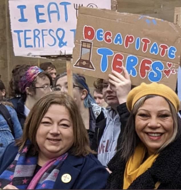 SNP MP Kirsten Oswald and Kaukab Stewart, one of the party's MSPs, were among those spotted near to the 'decapitate TERFs' placard