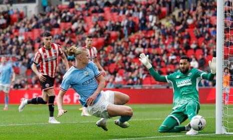 Erling Haaland of Manchester City goes close during the Emirates FA Cup Semi Final match between Manchester City and Sheffield United at Wembley Stadium.