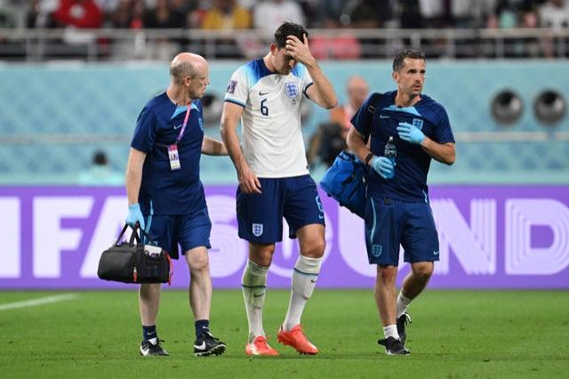 Harry Maguire of England is substituted off after an injury during the FIFA World Cup Qatar 2022 Group B match between England and IR Iran at Khalifa International Stadium 