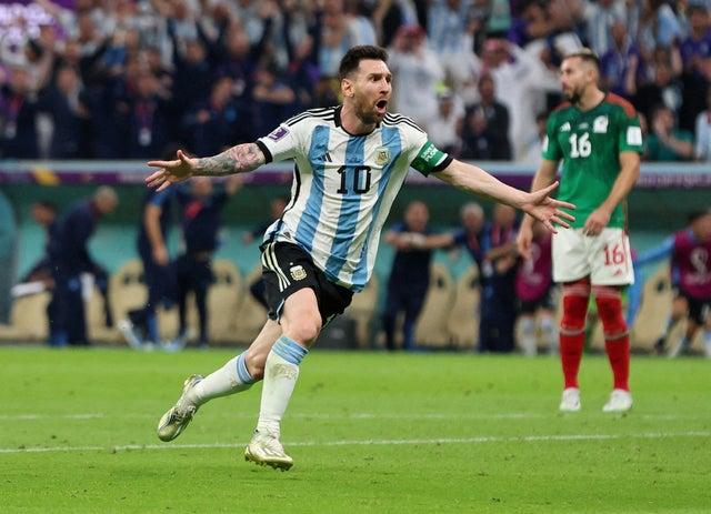 Argentina’s Lionel Messi celebrates scoring their first goal  v Mexico